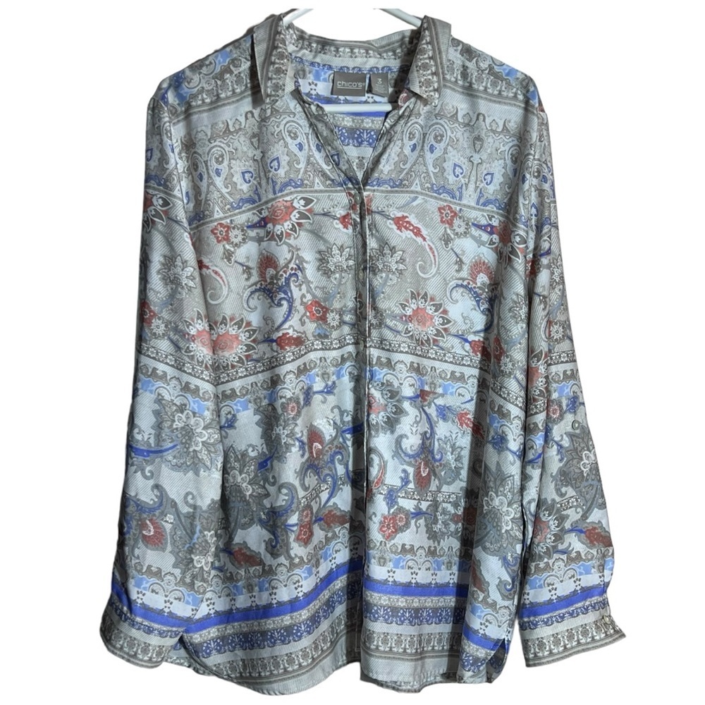 Chico's Coral Venetian Murals Modern Utility Button Up Shirt, Chico's Size 3